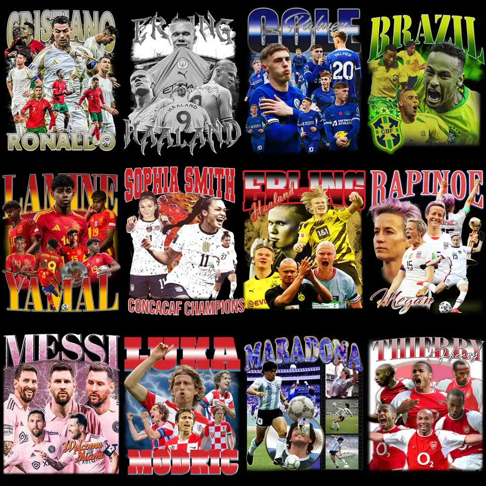 Soccer player designs for DTF/DTG, embroidery, and tumbler wraps featuring Ronaldo, Messi, Neymar, and more.