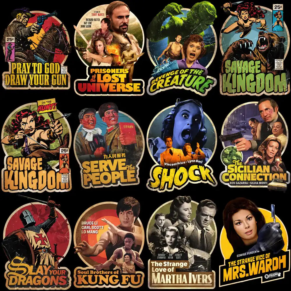 Retro movie poster designs for DTF/DTG printing, vintage film art, print-ready PNG bundles