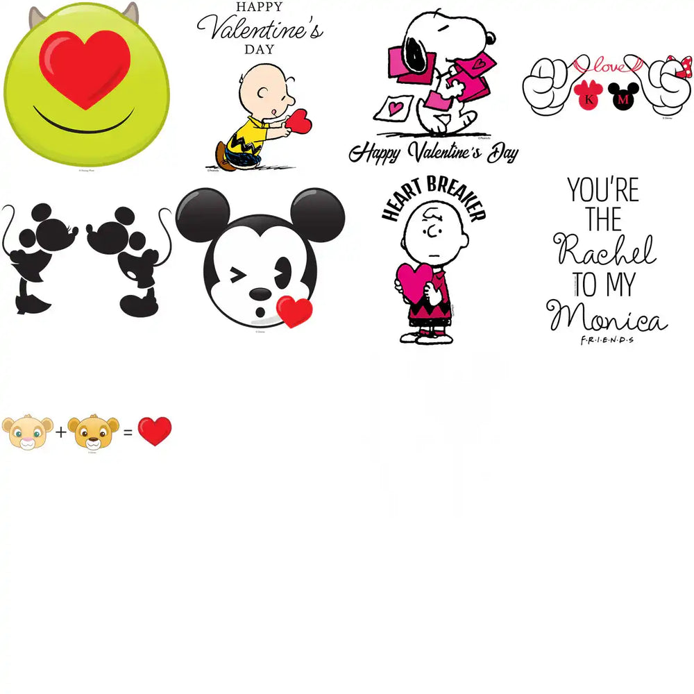 Valentine's Day designs featuring Snoopy, Mickey Mouse, and Disney characters with hearts and love themes.