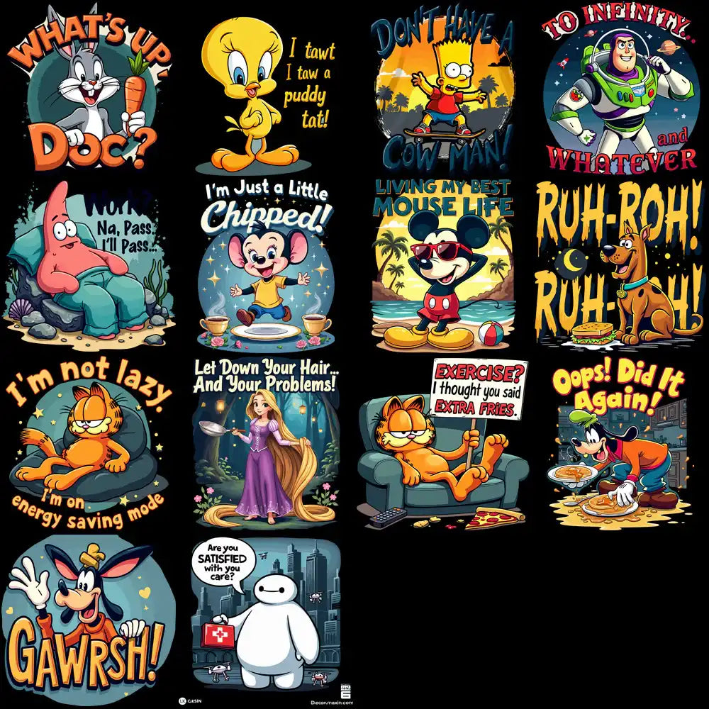 Funny cartoon character designs for t-shirts, DTF/DTG, embroidery & tumbler wraps — print-ready PNG, SVG, PES