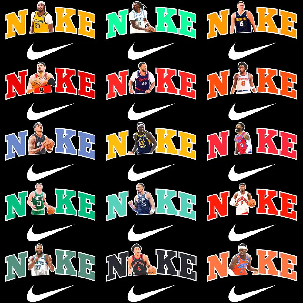 Basketball player designs with Nike swoosh, colorful 'NAKE' text, print-ready for DTF DTG apparel