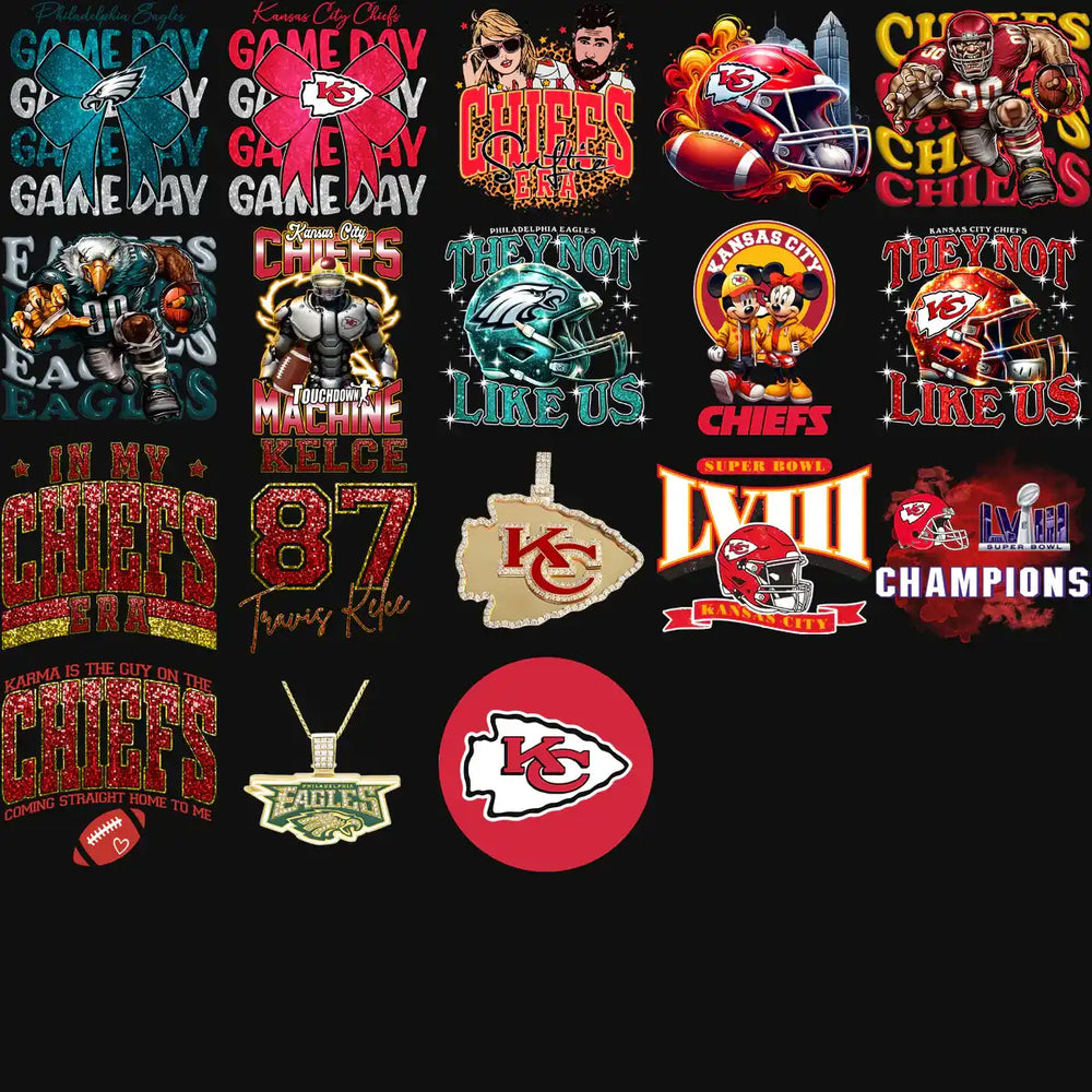 Kansas City Chiefs & Philadelphia Eagles NFL designs for DTG, DTF, embroidery. Game day, Super Bowl, player art, logos.