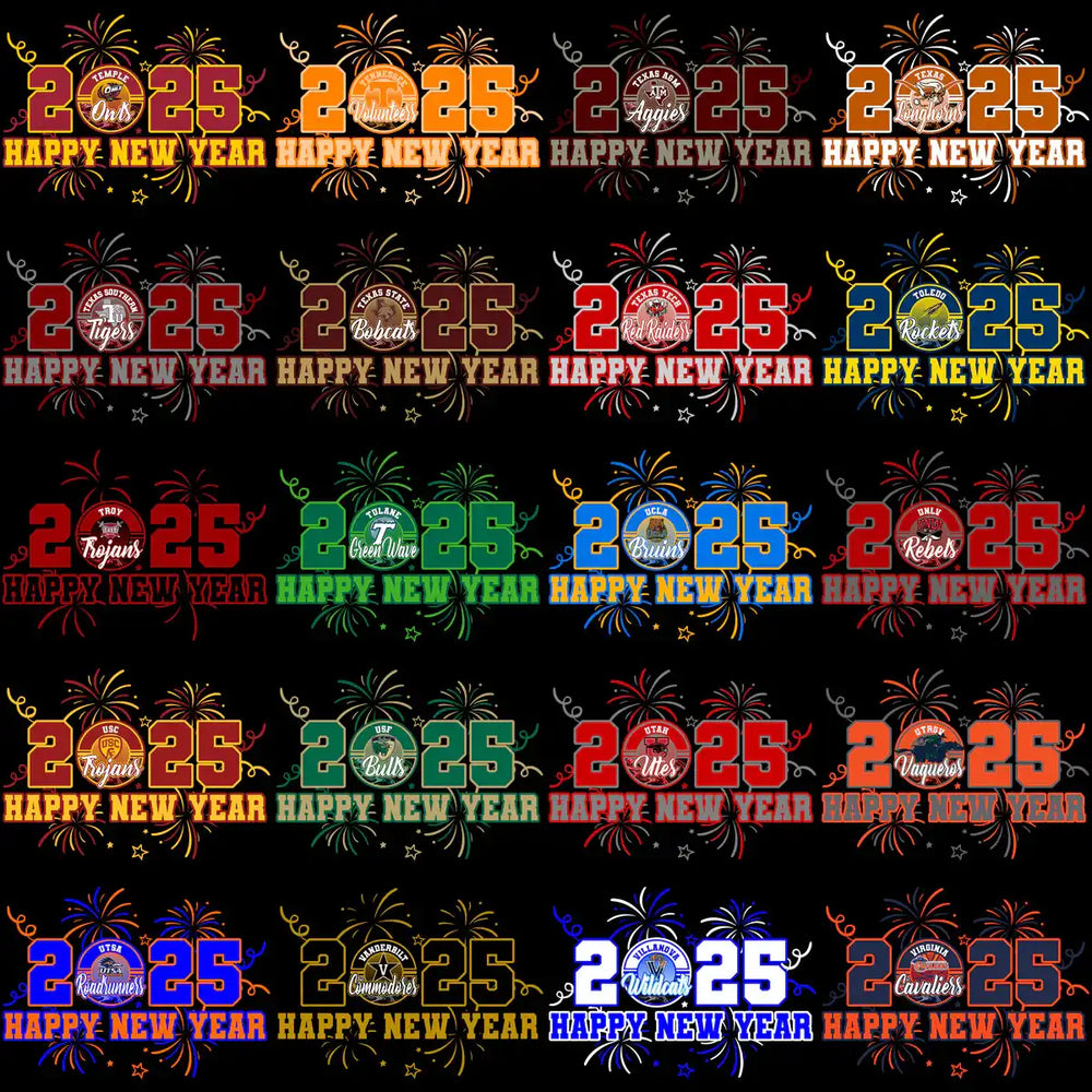 2025 Happy New Year college team designs with fireworks, print-ready for DTF/DTG and embroidery