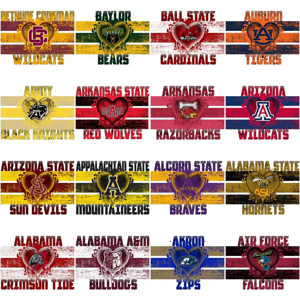 College sports team heart logos with distressed stripes for DTF/DTG printing, print-ready PNG/SVG designs