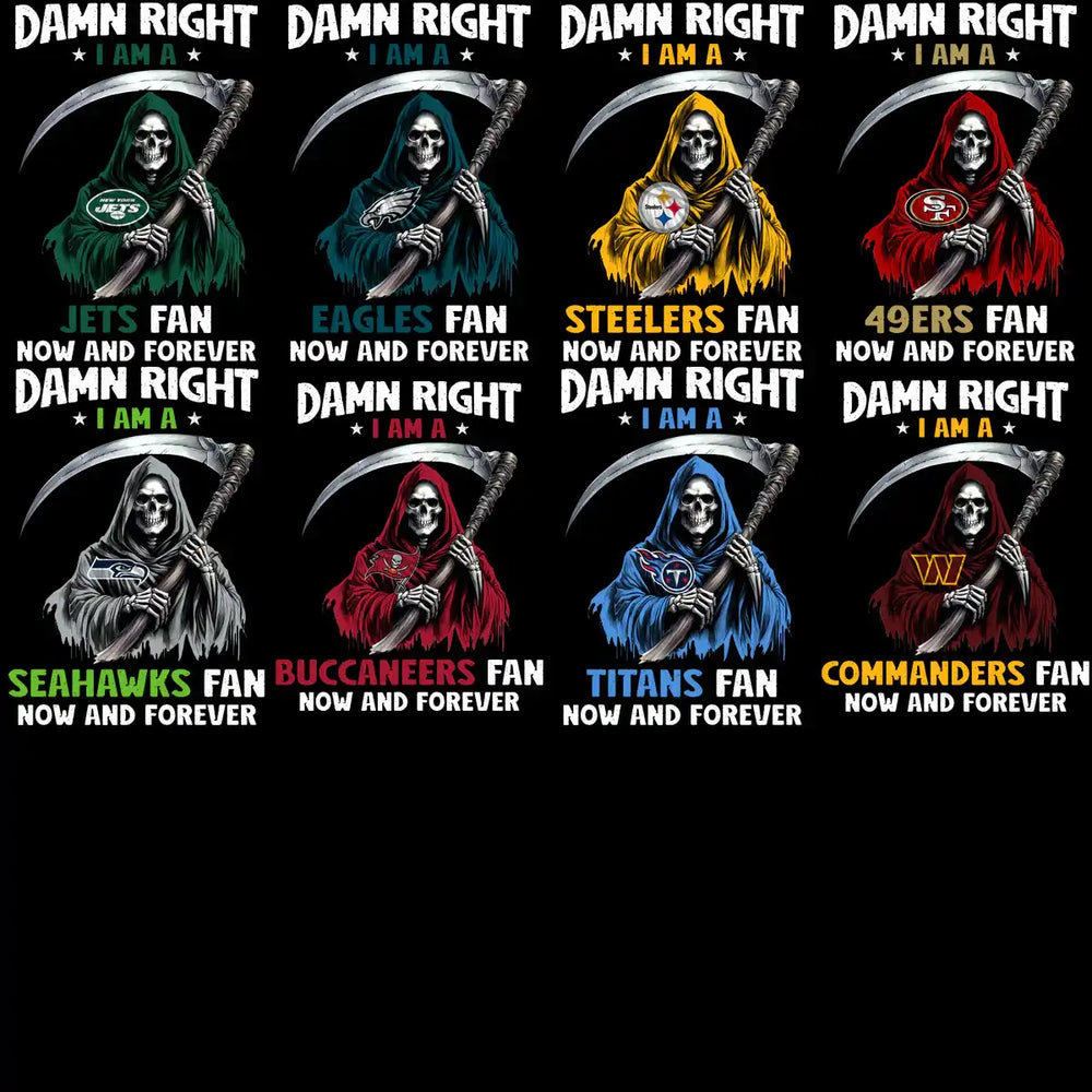 Grim Reaper NFL fan designs for Jets, Eagles, Steelers, 49ers, Seahawks, Buccaneers, Titans, Commanders — print-ready PNG SVG