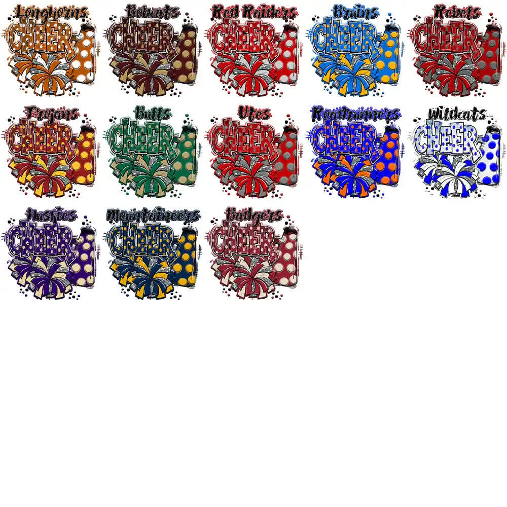 Cheer team designs with pom-poms and polka dots for DTF, DTG, embroidery, SVG print-ready bundles