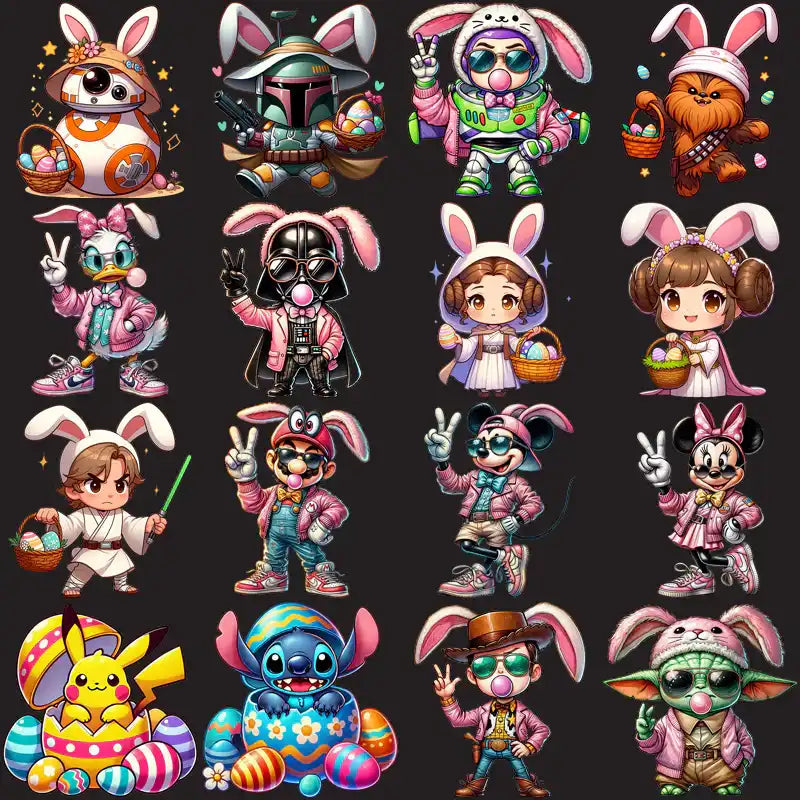Cute Easter bunny-themed character designs for DTF, DTG, embroidery, and tumbler wraps — print-ready PNG, SVG, PES