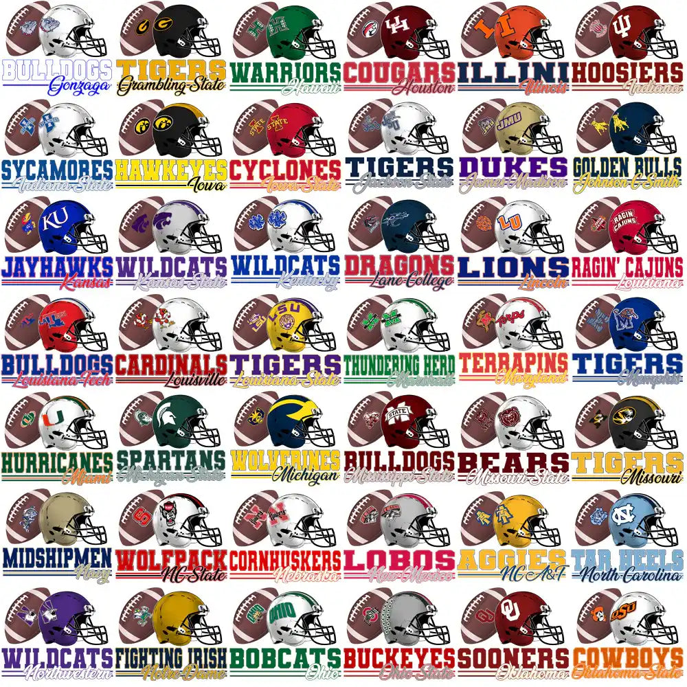 College football helmet designs with team names and logos for DTF, DTG, embroidery, and tumbler wraps