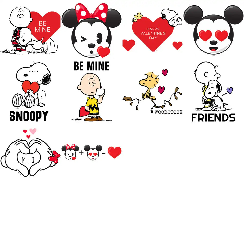 Valentine's Day designs featuring Snoopy, Charlie Brown, Minnie, and Mickey with hearts and love themes