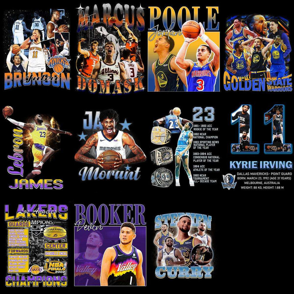 Basketball player designs for DTF DTG embroidery, featuring NBA stars like Curry, James, Irving, and Booker in team jerseys.