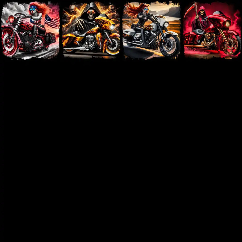 Edgy biker designs with skulls, flames, and riders for DTF, DTG, embroidery, SVG, PNG print-ready files