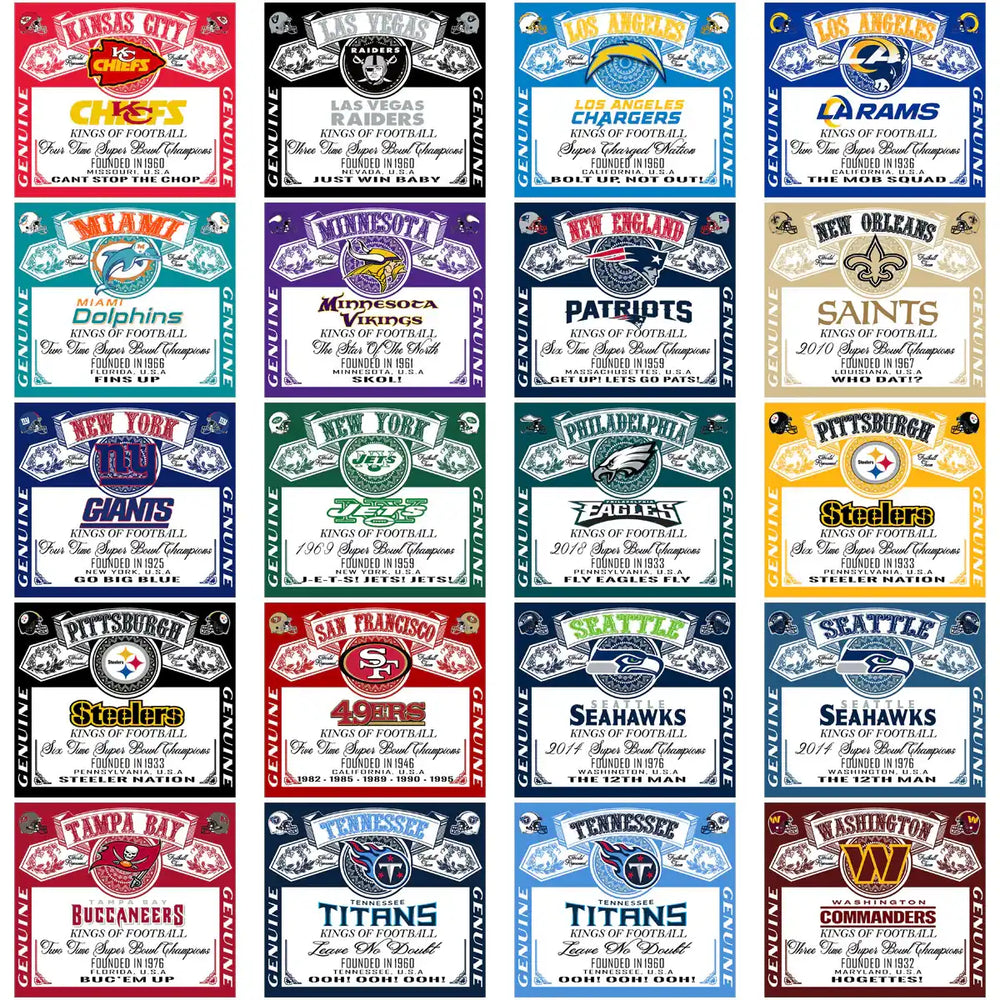 NFL team vintage label designs for DTF, DTG, embroidery – print-ready PNG, SVG, PES bundles