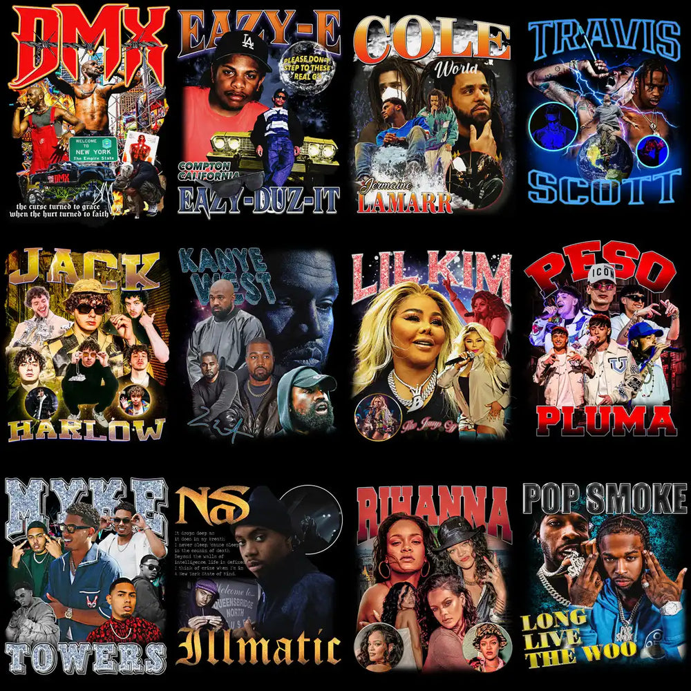 Print-ready music artist designs for DTF/DTG, embroidery, and tumbler wraps featuring popular rappers and singers.