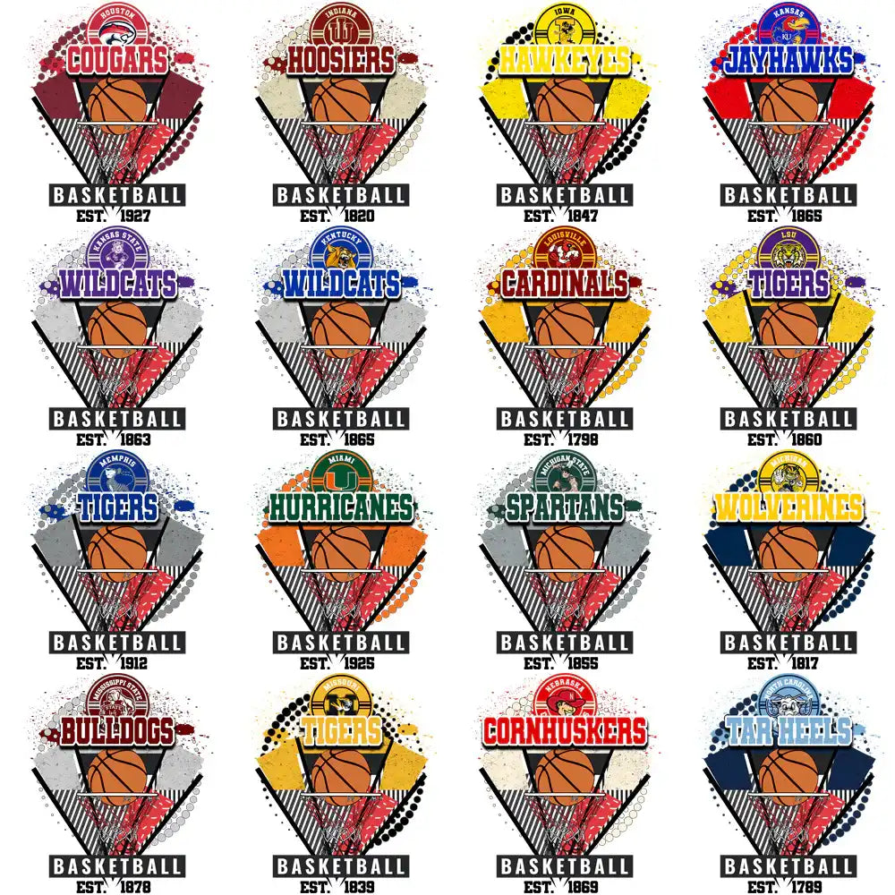 Basketball team logos with hoops, balls, and establishment years for DTF/DTG designs