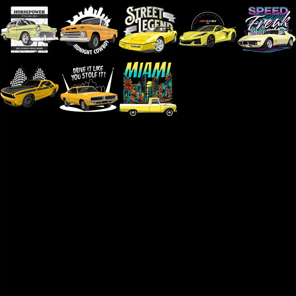 Vintage and modern car designs for t-shirts, DTF, DTG, embroidery. Print-ready PNG, SVG, PES files.