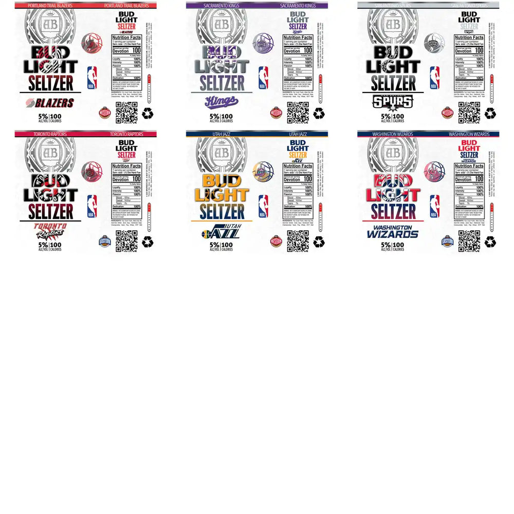 Bud Light Seltzer NBA team labels for Blazers, Kings, Spurs, Raptors, Jazz, Wizards