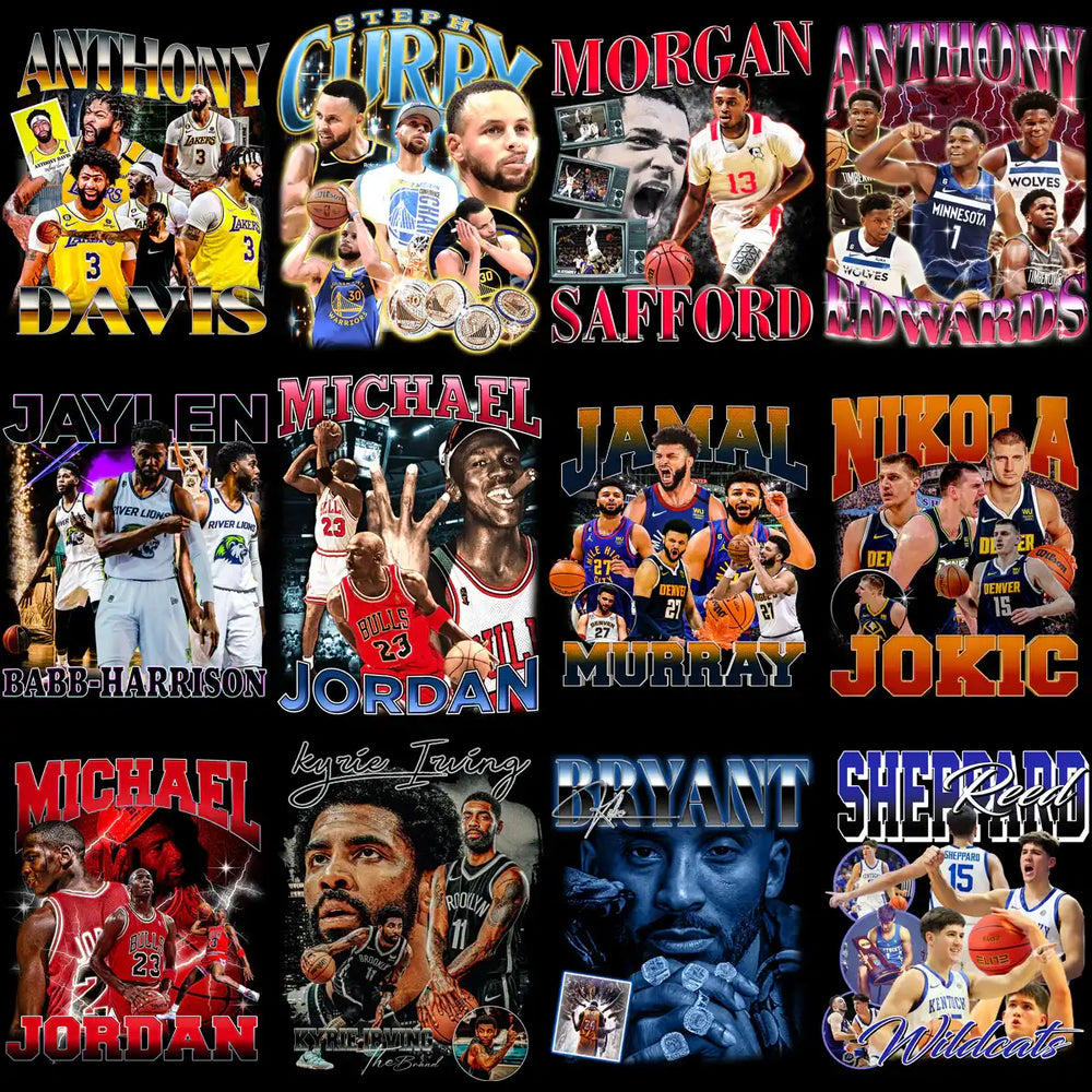 Basketball player designs for DTF/DTG, embroidery, and tumbler wraps featuring stars like Curry, Jordan, and Bryant.