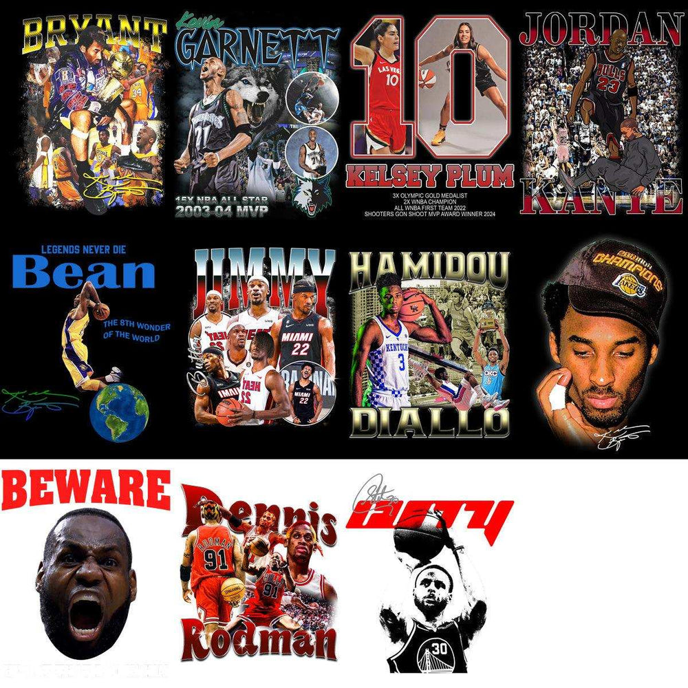 Basketball player designs for DTF DTG printing, featuring NBA legends and stars in vibrant graphics.