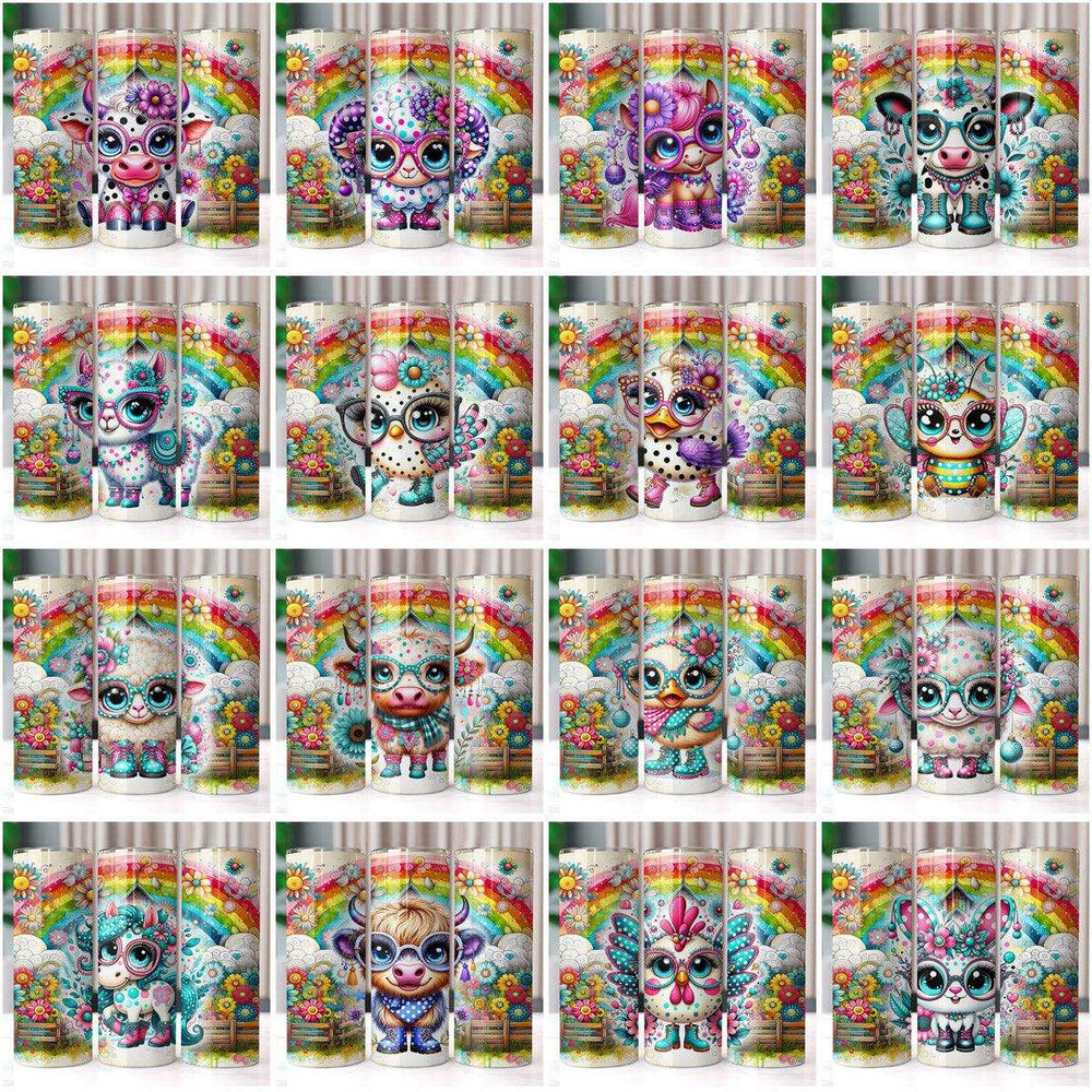 Cute animal tumbler wraps with rainbows, flowers, and glasses – print-ready SVG/PNG designs