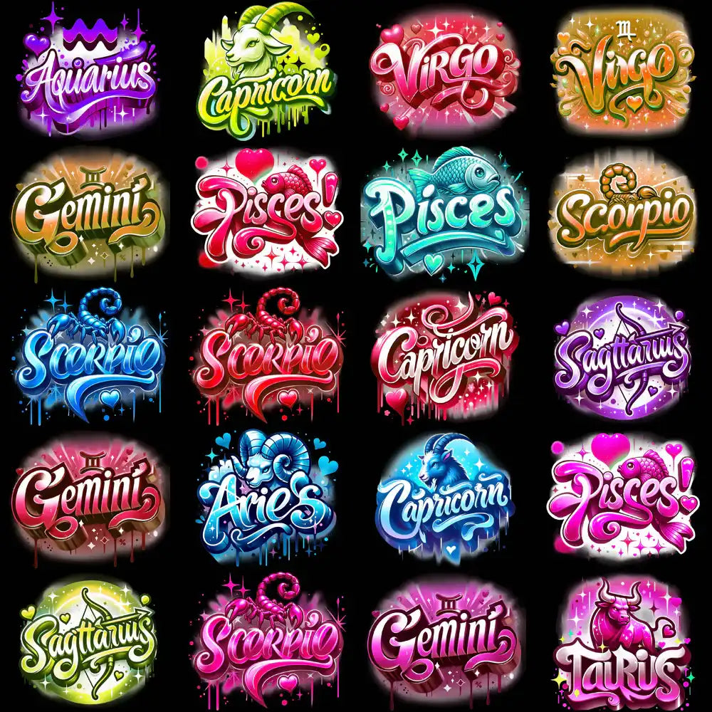 Vibrant zodiac designs for DTF/DTG, embroidery, and tumbler wraps with colorful astrological symbols.