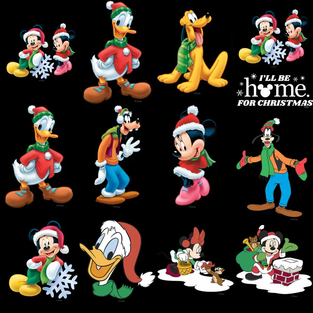Disney Christmas characters in festive outfits, perfect for holiday designs and print-ready projects.