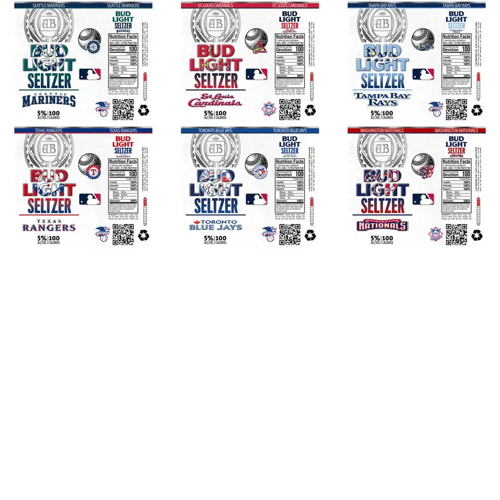 Bud Light Seltzer MLB team labels: Mariners, Cardinals, Rays, Rangers, Blue Jays, Nationals