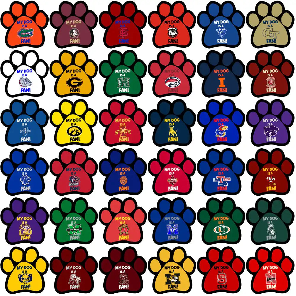 Colorful paw print designs with college team logos for dog fans, print-ready for DTF/DTG.