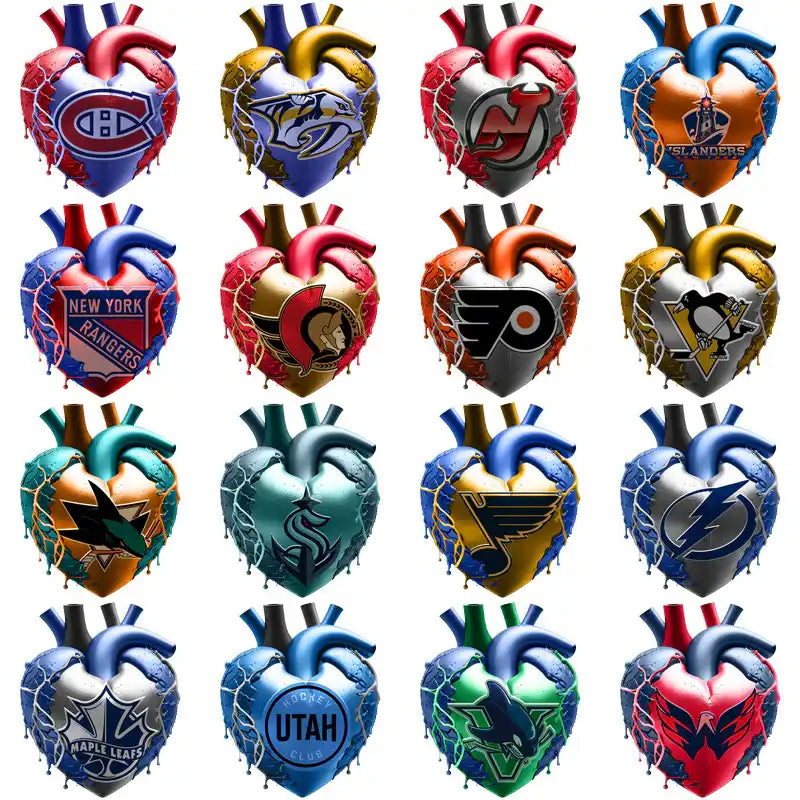 NHL team logos on anatomical heart designs, perfect for DTF/DTG printing and embroidery projects