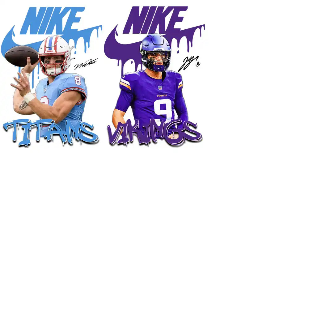 NFL football players in Titans and Vikings jerseys with Nike logos, dynamic action poses
