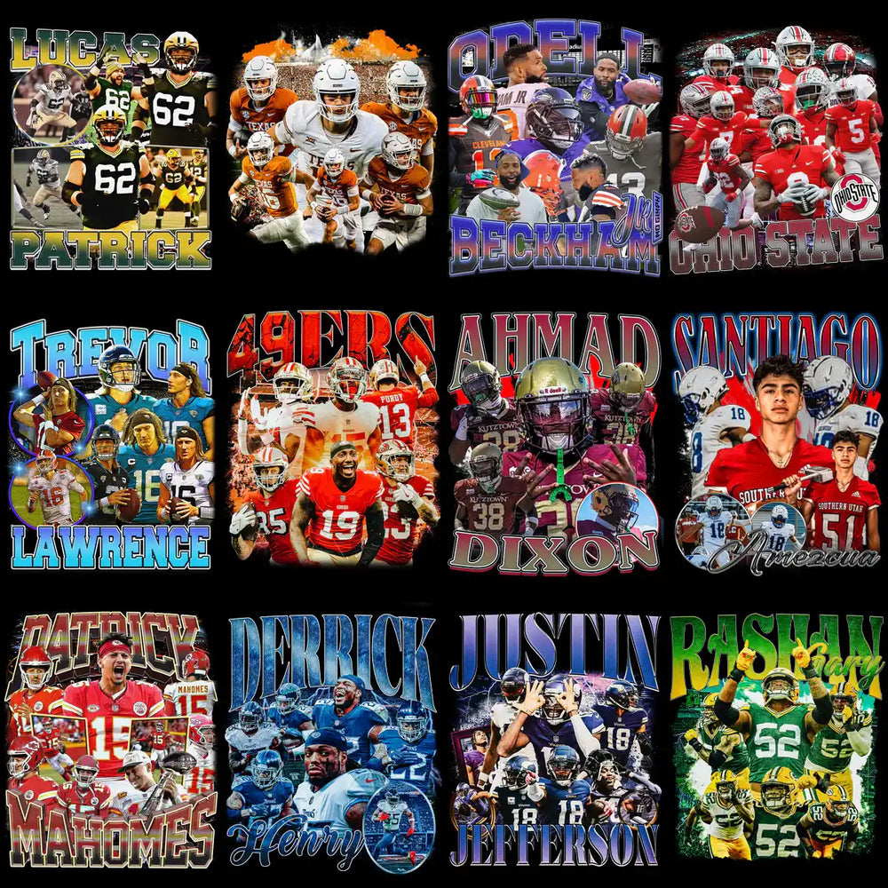 Football player designs for DTF/DTG, embroidery, and tumbler wraps with vibrant team graphics and names.