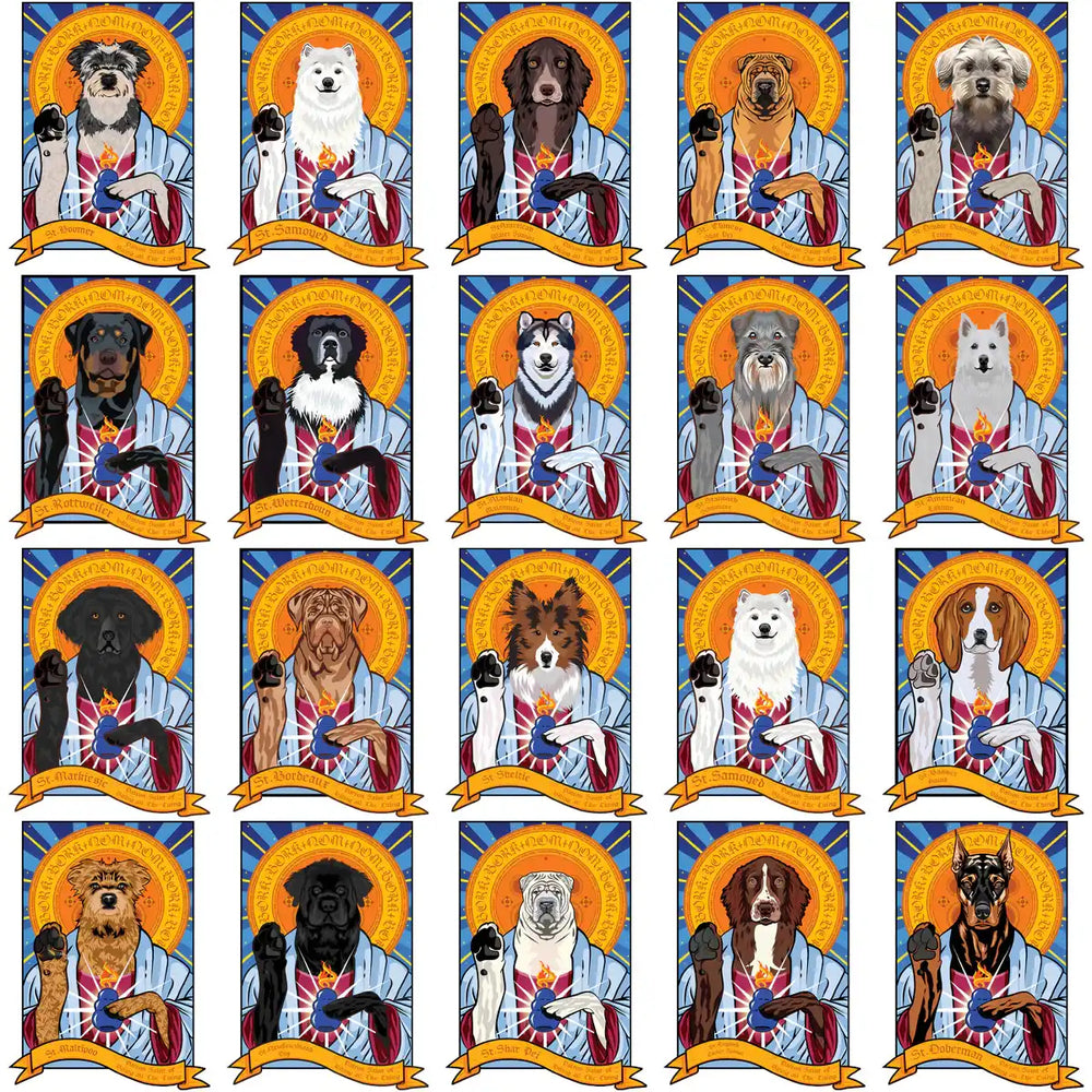 Dog saint illustrations with halos, robes, and flames for DTF/DTG and embroidery designs.