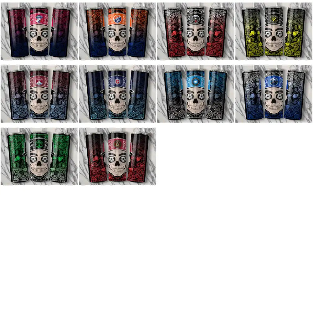 Skull-themed tumbler wrap designs with vibrant patterns and team logos for custom printing.