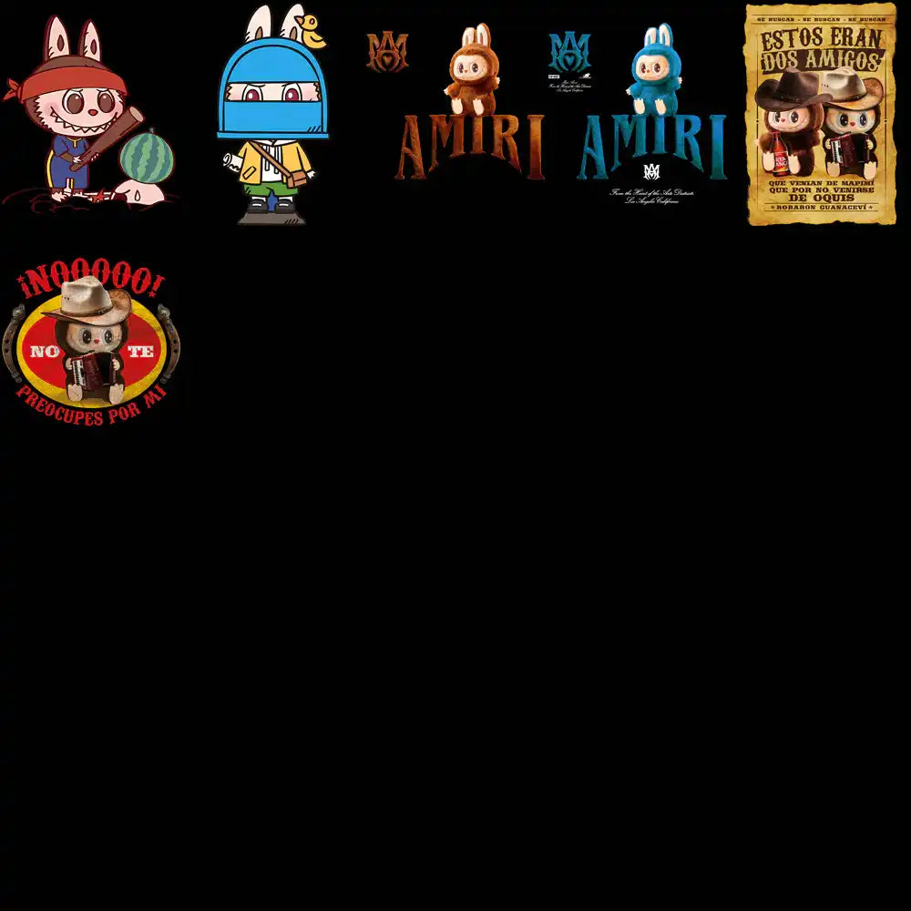 Cute cartoon characters in pirate, cowboy, and bunny outfits with AMIRI logos, print-ready for DTG/DTF designs.