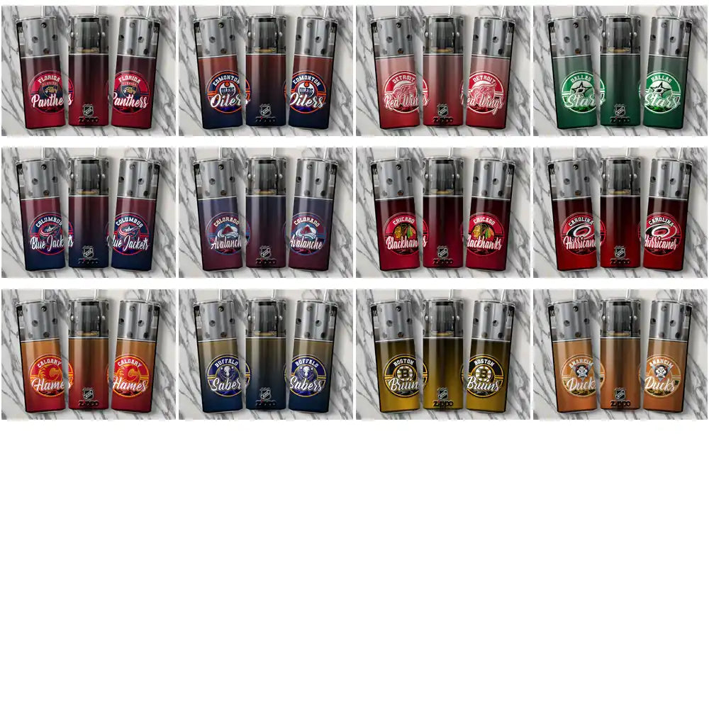 NHL team logo lighters featuring Panthers, Oilers, Red Wings, Stars, Blue Jackets, Avalanche, Blackhawks, Hurricanes, Flames, Sabres, Bruins, Ducks