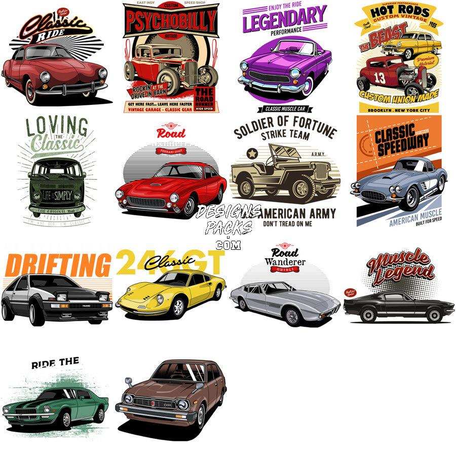 Classic car designs for DTF, DTG, embroidery & tumbler wraps — vintage muscle, hot rods, drifters, print-ready PNG SVG PES