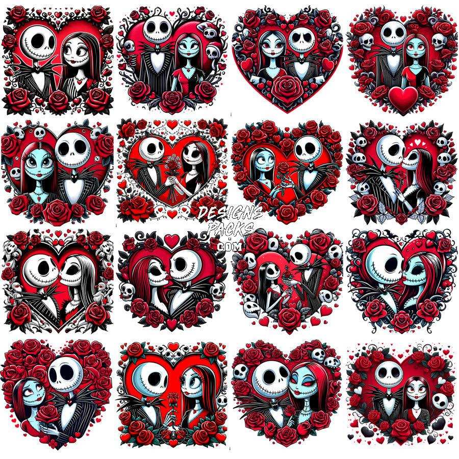Jack and Sally heart designs with roses, perfect for DTF/DTG and embroidery projects.