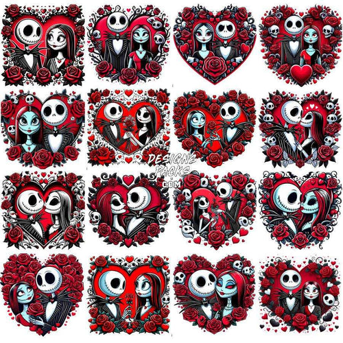Jack and Sally heart designs with roses, perfect for DTF/DTG and embroidery projects.