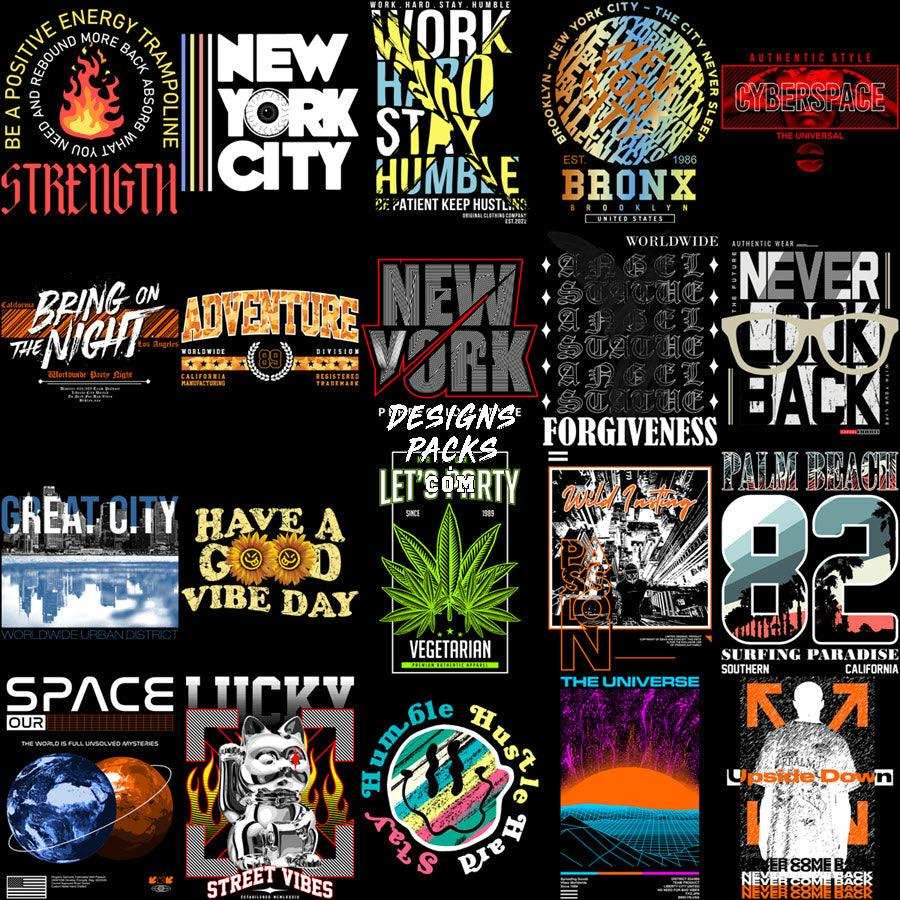 Print-ready graphic designs for t-shirts, embroidery, and tumblers with bold text and vibrant visuals.