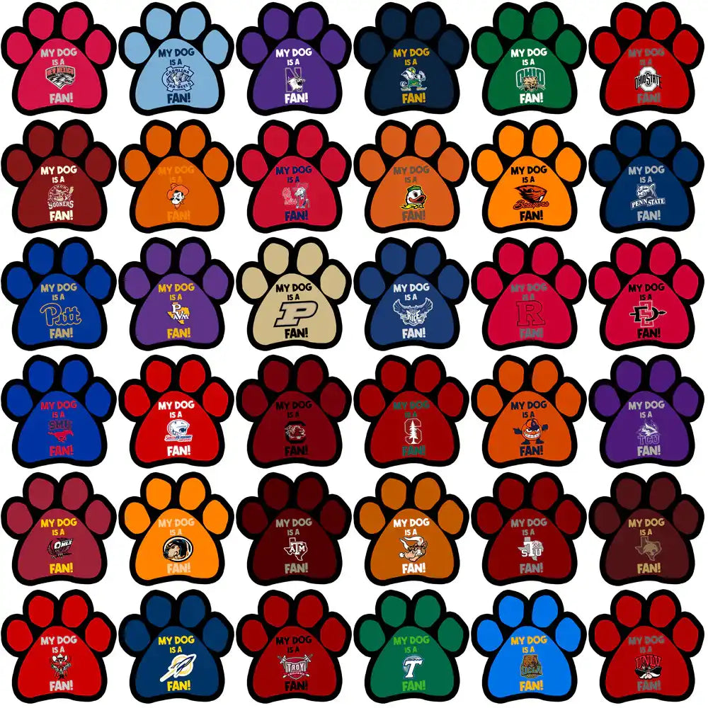 Colorful paw print designs with college team logos for dog fans, print-ready PNG files