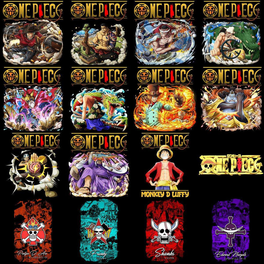 One Piece anime character designs for DTF/DTG printing, featuring Luffy, Shanks, and more