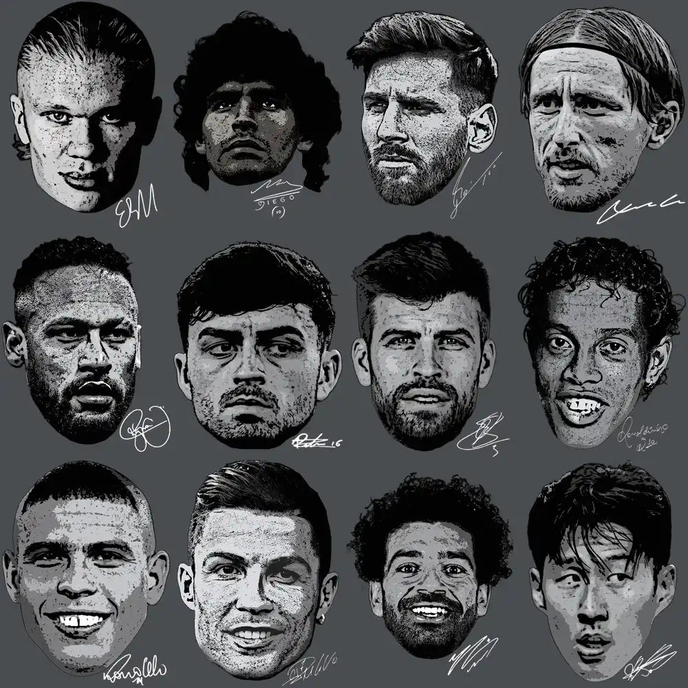 12 soccer player portraits with signatures, print-ready for DTF, DTG, embroidery & tumbler wraps