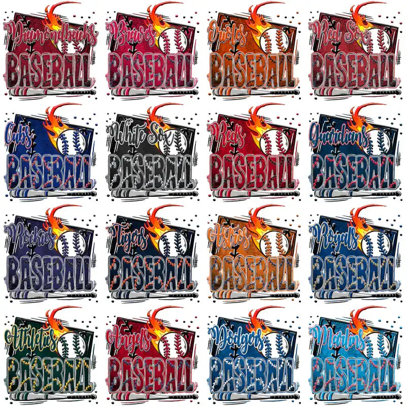 Baseball team designs with fiery graphics for DTF/DTG and embroidery, print-ready PNG/SVG