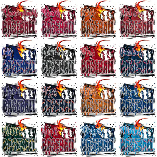 Baseball team designs with fiery graphics for DTF/DTG and embroidery, print-ready PNG/SVG
