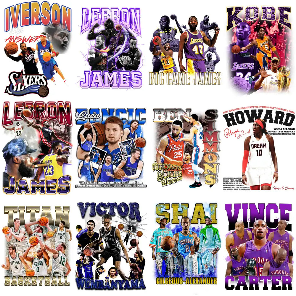 Basketball player designs for DTF/DTG, embroidery, and tumbler wraps featuring stars like Iverson, LeBron, and Kobe.