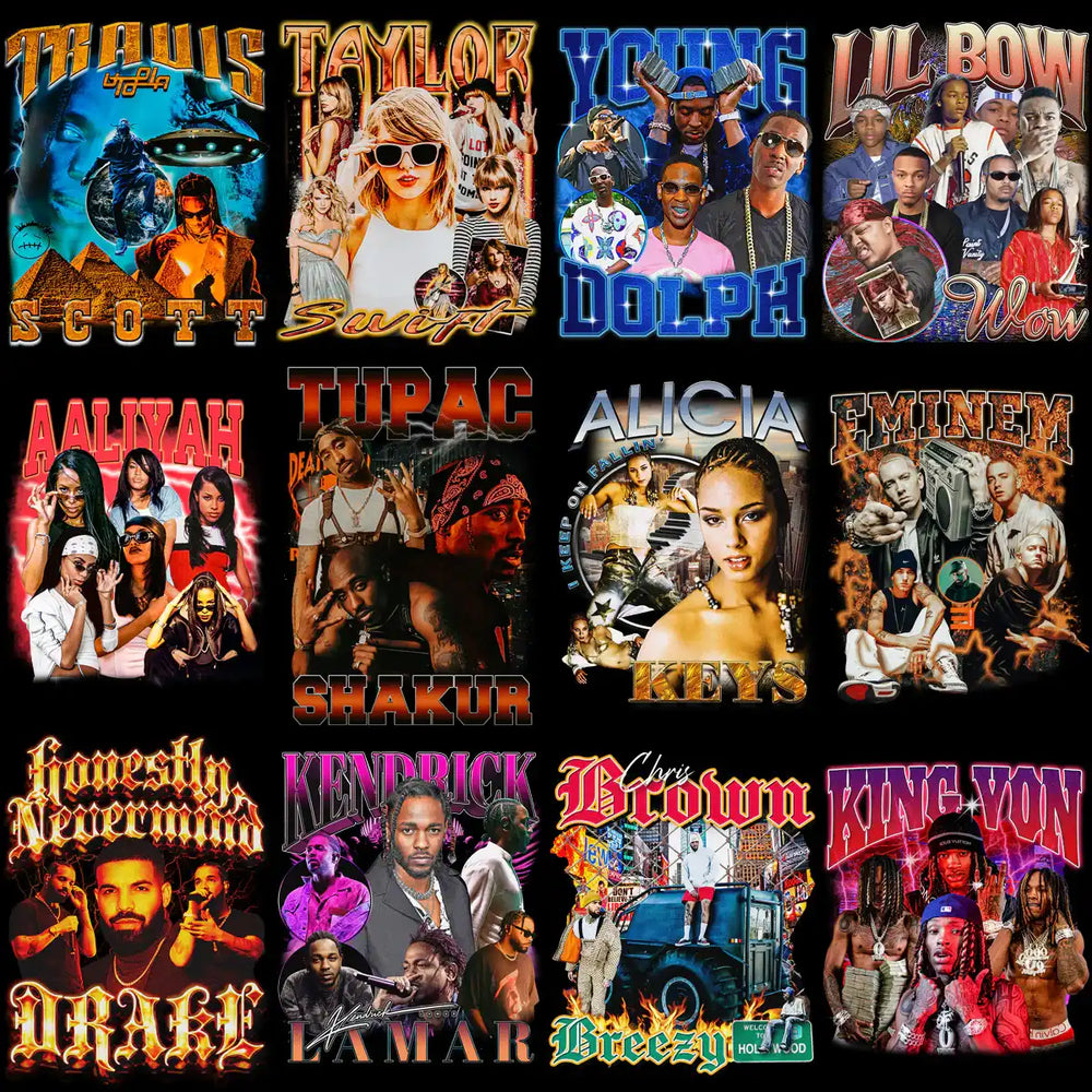 Print-ready celebrity collage designs for DTF/DTG, embroidery, and tumbler wraps featuring artists like Taylor Swift and Eminem.