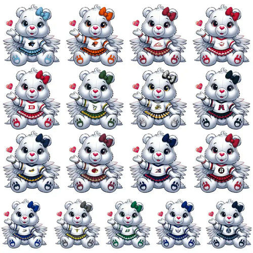 Cute angel bear cheerleader designs in team jerseys, perfect for DTF, DTG, embroidery & tumbler wraps
