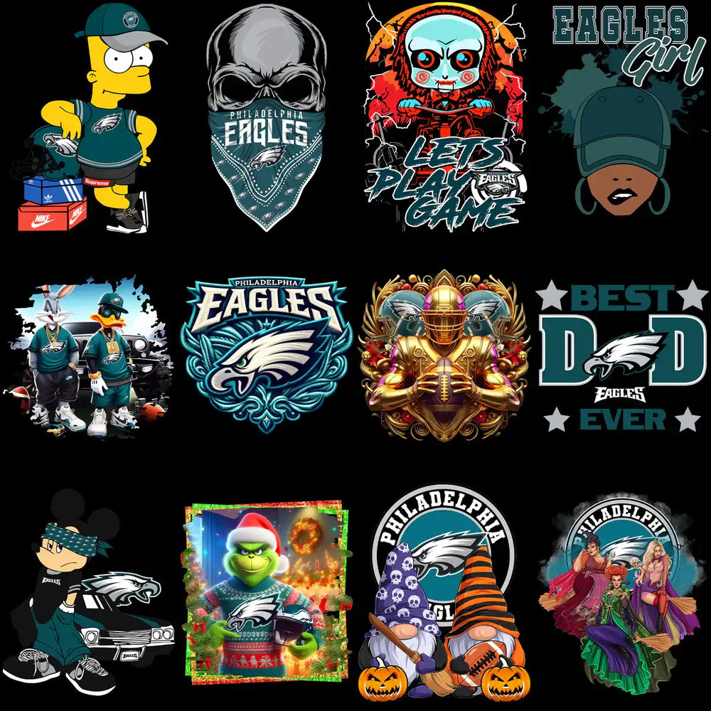 Philadelphia Eagles themed designs featuring cartoon characters, skulls, and festive art for apparel and prints.