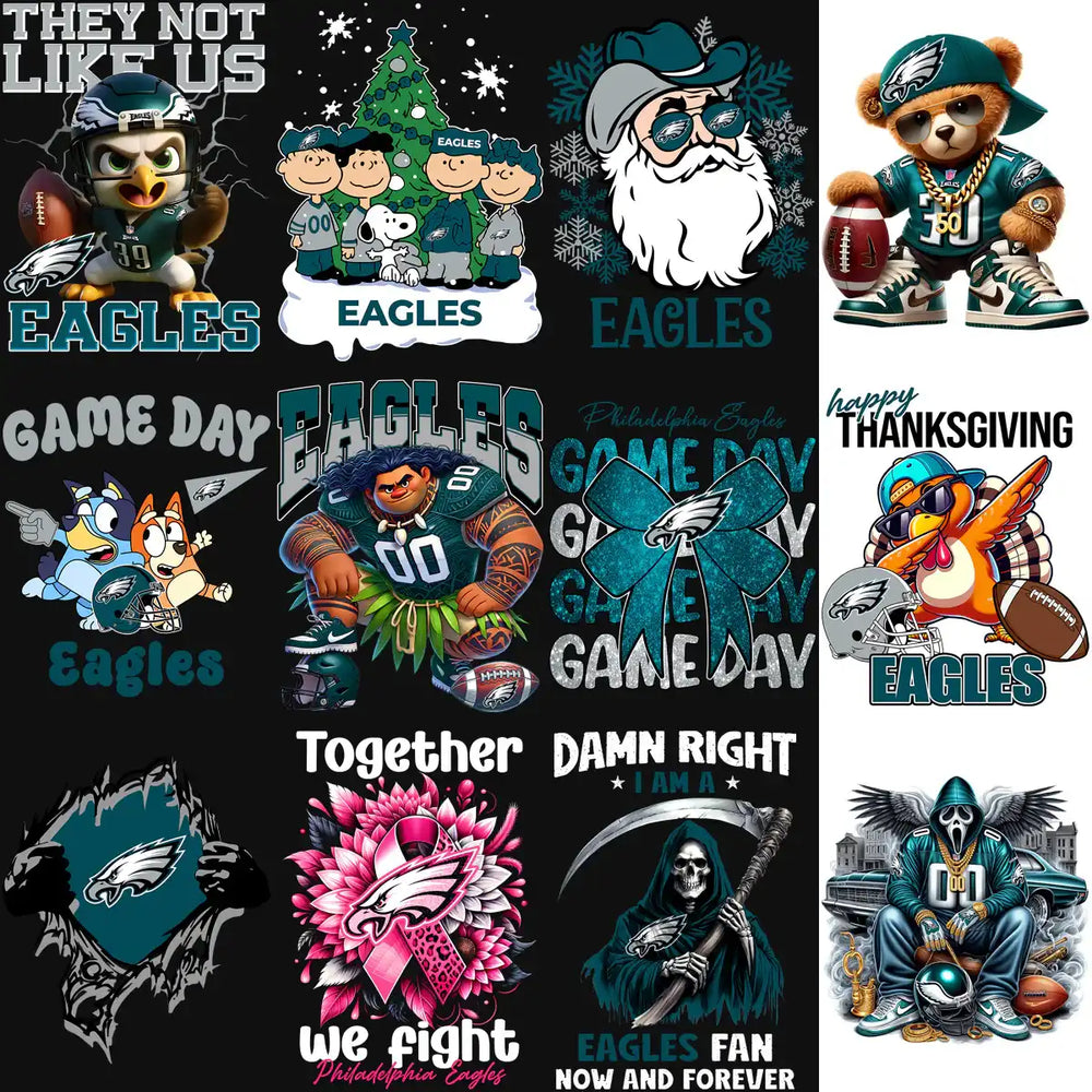 Philadelphia Eagles fan designs bundle: game day, holiday, and team spirit graphics for DTF, DTG, embroidery