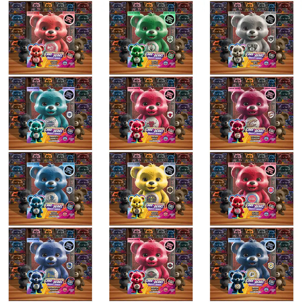 Care Bears NBA team edition plush toys, limited edition collectibles with team logos and vibrant colors.
