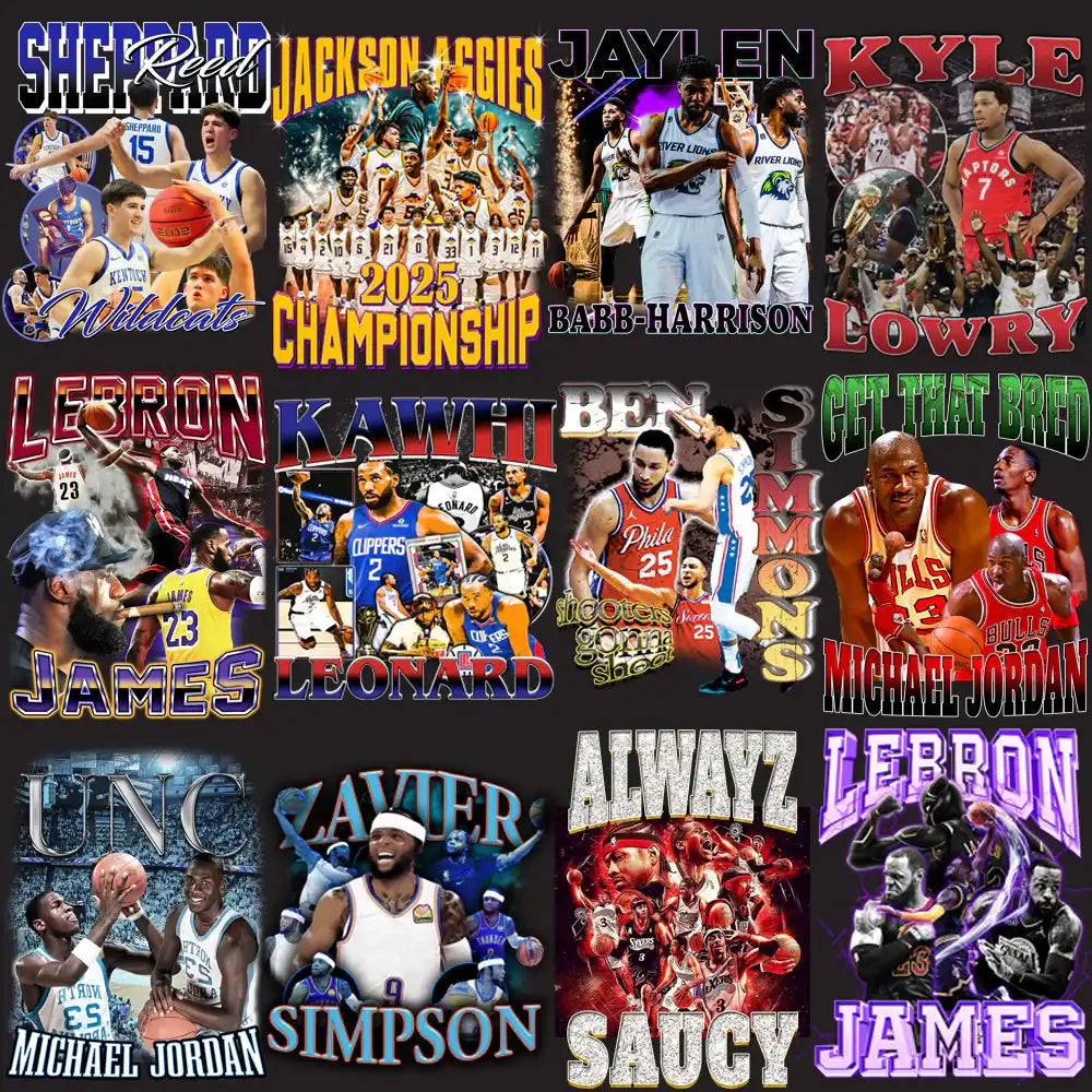 Basketball player designs for DTF/DTG, embroidery, and tumbler wraps featuring stars like LeBron and Jordan